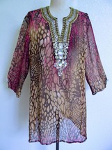 Chico&#39;s Crinkle Silk Chiffon Boho Top 2 (L 12) Embroidered Jewels Sequin... - $39.99