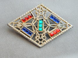 Antique Czech Flat Back Square Rhinestone Jeweled Pin Brooch Colorful - £23.97 GBP