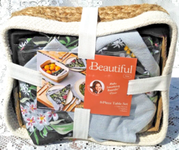 Beautiful 8-Piece Table Set Runner 6 Napkins Drew Barrymore Basket Gray &amp; Floral - £20.84 GBP