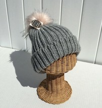 New Women&#39;s Gray Knitted With Pink Faux Fur Pom Winter Ski B EAN Ie Hat Thick #C - £10.46 GBP