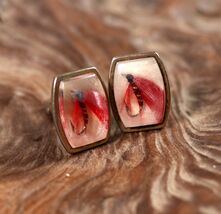 Vintage ANSON Fishing Cufflinks, Imbedded Real Fly Hooks Goldtone Mid-Ce... - $7.67