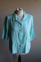 Lino by Chico&#39;s 1 (M 8) Light Turquoise Blue Short Sleeve Linen Button Front Top - $15.96