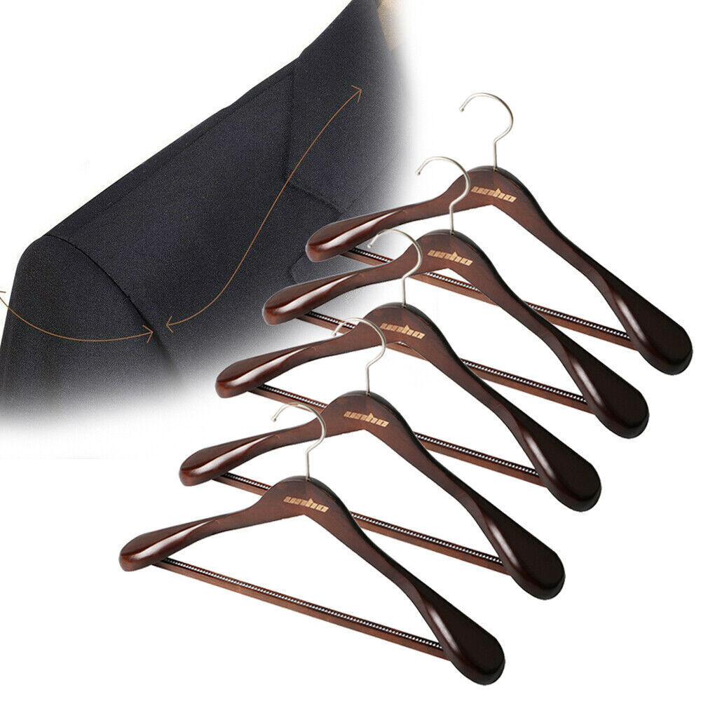 5 Heavy Wooden Hanger Wide Shoulder Suit Hangers Premium Natural Finish Antiskid - £43.95 GBP