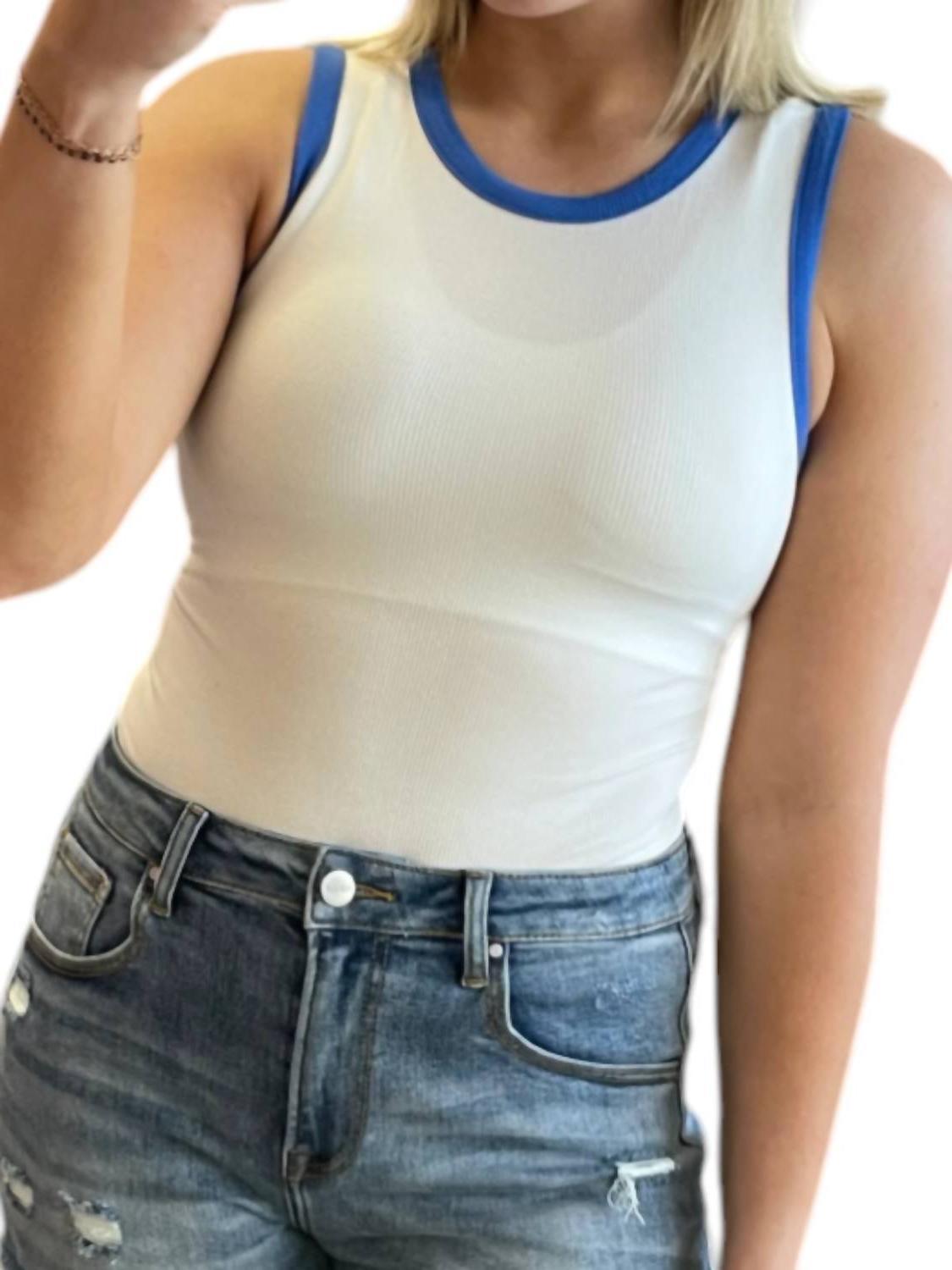Le Lis Round Neck Ribbed Color Block Bodysuit White/blue - $27.00