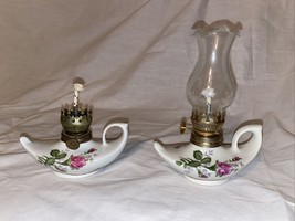 2 Vintage Mini Floral Porcelain &amp; Clear Glass Oil Lamps Aladdin Genie Style 5” - £19.58 GBP