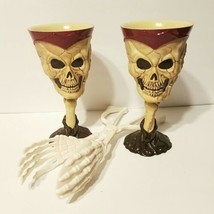 2 Skull Goblets Wine Glasses Gold Tooth Pirate Halloween 7&quot; Plastic + Tongs EUC - £15.80 GBP