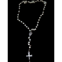 Beautiful vintage long white beaded Catholic rosary with silver cross - £18.68 GBP