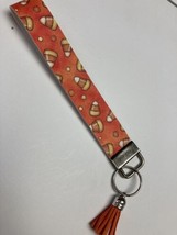 Wristlet Key Fob Keychain Faux Leather Halloween candy corn orange w Tas... - $7.80