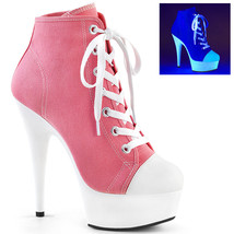PLEASER 6&quot; Heel Lace Up Platform Blacklight Reactive Pink Canvas Sneaker... - $85.95