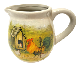 Vintage Hermitage Pottery Stoneware Creamer Pitcher Rooster Chickens 3.5 in - £13.08 GBP