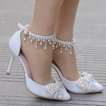 Crystal Queen Women Sandals Sexy White 9CM High Heels Shoes Bow Rhinestone Tasse - £43.14 GBP