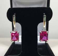 3Ct Emerald Cut Pink Sapphire Drop Dangle Earrings Gift 14K White Gold Finish - £69.26 GBP