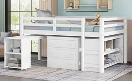 Low Study Full Loft Bed With Cabinet ,Shelves And Rolling Portable Desk - White - £512.32 GBP