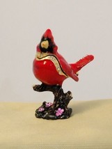 Trinket Box Red Cardinal Bird Enamel/Gold &amp; Rhinestones On A Flower Pedestal... - £17.21 GBP