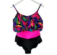  Vintage 90s Catalina One Piece Swimsuit Blouson Banded Neon Black Size 14 - £38.79 GBP