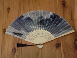 Japanese Art Print Silk Hand Folding Fan Fashion Decor Mountain Lake Boat - £12.43 GBP