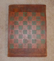 Antique American Primitive Folk Art Painted Green &amp; Red Wood Checkers Ga... - £378.00 GBP