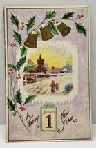 Happy New Year Winter Scene Golden Bells on Lavender c1910 Postcard G12 - £3.08 GBP