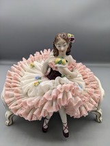 Vintage German Volkstedt Sitting Ballerina Lace Porcelain Figurine 6.5&quot;W Marked - $313.21