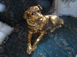 Ceramic Wood Looking Handpainted In Gold, Glass Eyes Pug Dog Large Sculpture 16&quot; - £253.01 GBP