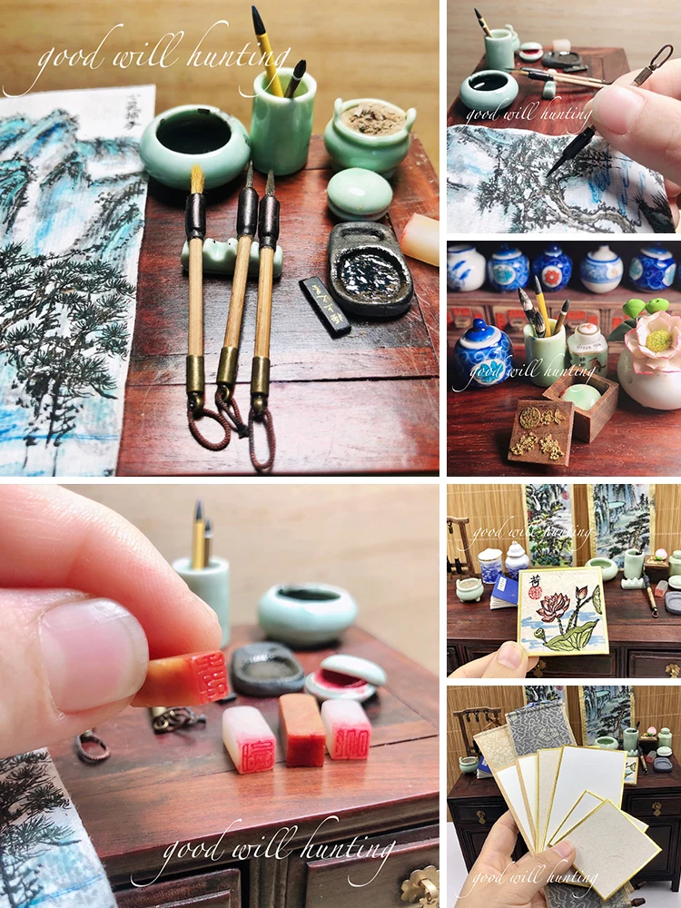 Dollhouse Miniature Seal Mini Brush Pen Holder Mini Scroll Painting Shaft - £9.54 GBP+