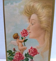 Fantasy Postcard Giant Blonde Goddess In Clouds Red Roses Cherub Angels CC No57 - £14.54 GBP