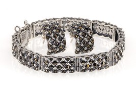 Gorgeous Sterling Silver Marcasite Bracelet and Earring Set Milgrain Detail - $356.39