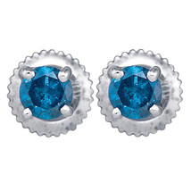 10k White Gold Womens Round Blue Color Enhanced Diamond Solitaire Stud Earrings - £143.86 GBP