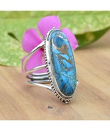Long Oval Copper Turquoise Ring 925 Sterling Silver Large Gemstone Ring ... - $56.00
