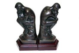 Bey Berk Cast Metal Thinker Bookends With Bronzed Finish On Wood Base - £78.53 GBP