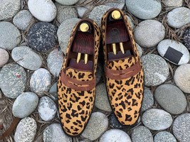 New Men Handmade Leopard Print Calf Skin Hair Loafers, Men Fashion Party Loafers - £115.48 GBP