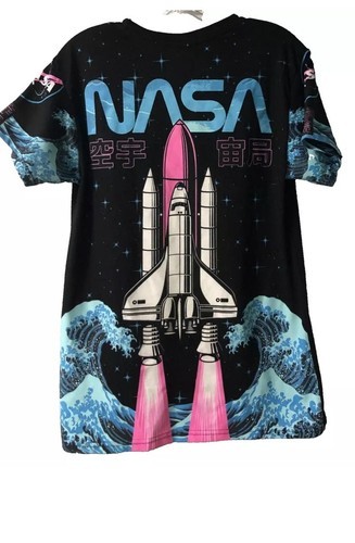 NASA T-Shirt Full Graphic Japanese Hokusai Waves Space Shuttle Youth XL - $4.99