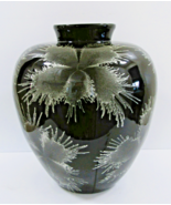 Vintage 1960s Large Black Lacquer over Bamboo Urn Vase with Silver Flora... - $395.01