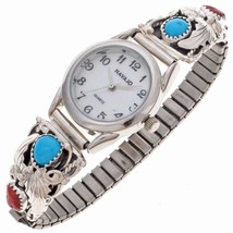 Navajo Sterling Silver Turquoise Coral Womens Watch Bracelet s6-8 Native Made - £173.30 GBP