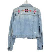 American Eagle Womens Denim Jean Jacket Size L Aztec Embroidery Distressed - £23.79 GBP
