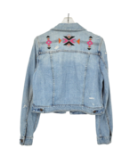 American Eagle Womens Denim Jean Jacket Size L Aztec Embroidery Distressed - £23.52 GBP