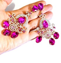 Rhinestone Statement Earrings, Chandelier Drop Earrings, Hot Pink Pageant Earrin - £37.06 GBP