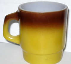 Vintage Fire King Anchor Hocking Yellow Gold &amp; Brown Stacking Mug Milk Glass Int - £7.45 GBP