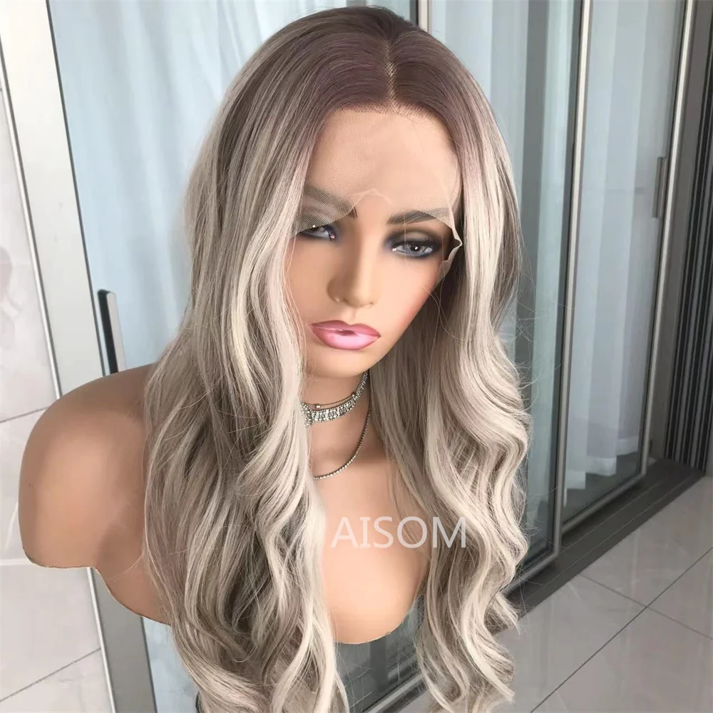 Highlight Ash Blonde Lace Front Wigs Body Wave Lace Frontal Synthetic W - £55.18 GBP+