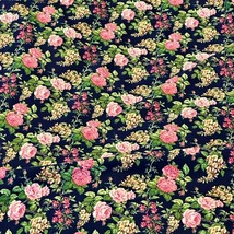 Pink Roses Flowers on Navy Cotton Fabric HUMBERTO PADRON 44&quot; x 78&quot; Cottagecore - £11.25 GBP