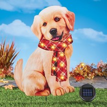 Adorable Dog Wearing Solar LED Autumn Plaid Scarf Yard Stake Metal Outdoor Decor - £25.79 GBP