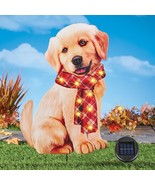 Adorable Dog Wearing Solar LED Autumn Plaid Scarf Yard Stake Metal Outdo... - $350.81 MXN