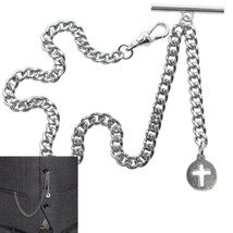 Albert Chain Silver Color Pocket Watch Chain CROSS Fob Swivel Clasp T Bar AC185 - £13.42 GBP