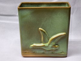 Frankoma Hunter Green Tan 60B Flying Duck/Goose Square Vase Planter – Ve... - $29.67