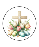 30 EASTER CROSS ENVELOPE SEALS STICKERS LABELS TAGS 1.5&quot; ROUND TULIPS EGGS - £5.86 GBP