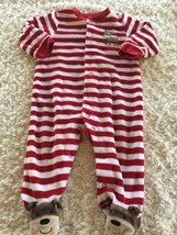 Carters Red White Striped Brown Reindeer Velour Long Sleeve Pajamas 6 Months - $5.39