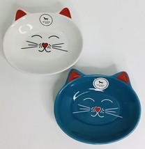 2 White Blue Food Water Dish Oscar Cat Face Whiskers Park Life Designs - $18.65