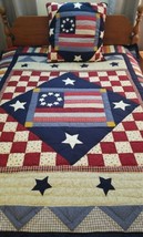 Patchwork Americana Star Twin Quilt &amp; Large Pillow, 2 Piece Set Farmhouse  - £70.43 GBP