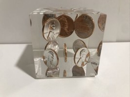 Vintage Lucite Acrylic Paperweight Floating 1968 Penny - $44.10