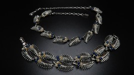 Vintage CORO Silver Faux Pearl Blue White Feather Leaf Necklace and Brac... - £45.95 GBP